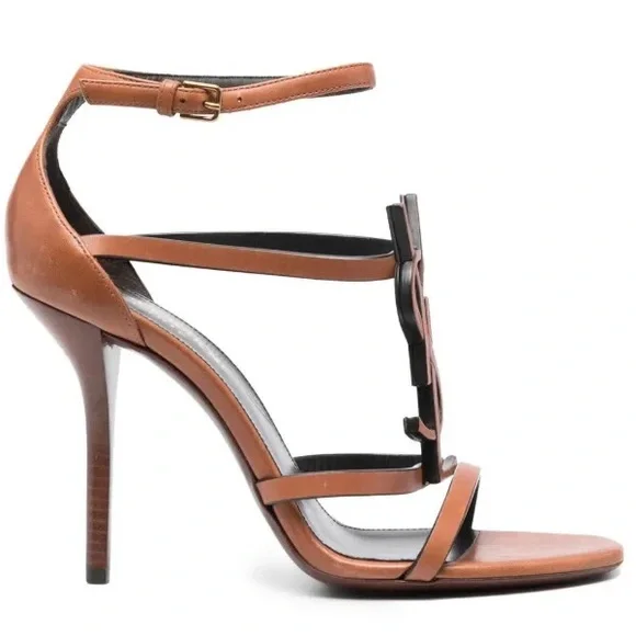 Saint Laurent Cassandra 100mm Caramel Brown Leather Logo Heels Sandals